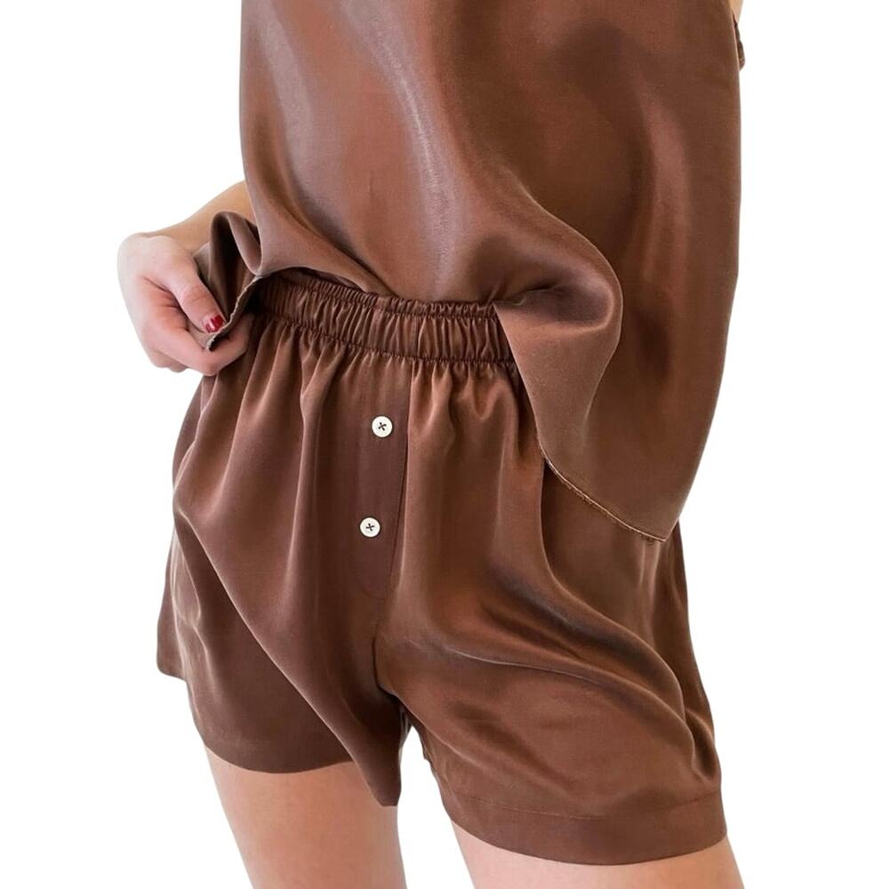 Natalie Busby Silk Essential Tank and Boxer Short Set in Nutmeg - XS